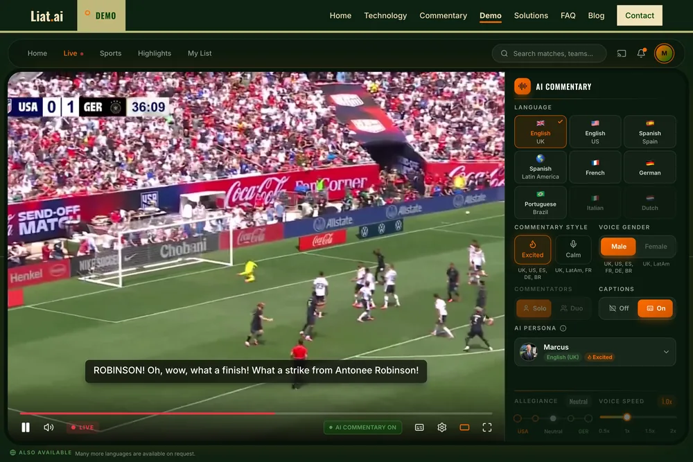 Liat.ai commentating live on USA against Germany, with its commentary shown as a caption on the match video and the Marcus voice, language and commentary style chosen in the panel beside it.