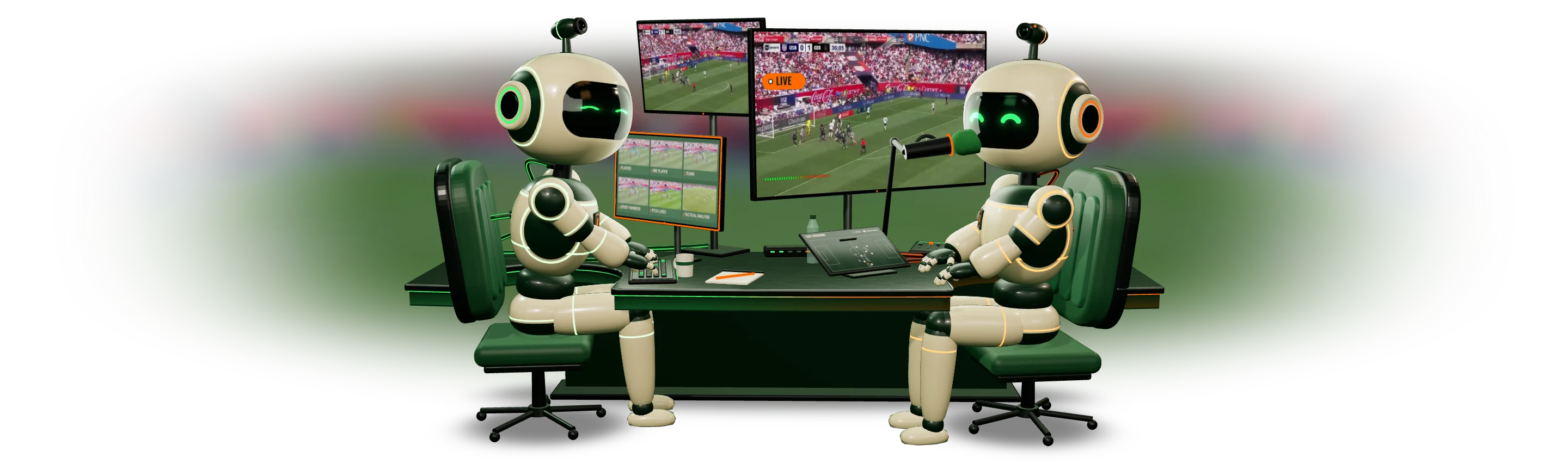 Two Liat.ai robots in a commentary booth. An analyst robot watches computer vision feeds of the match, and a caster robot commentates into a microphone.