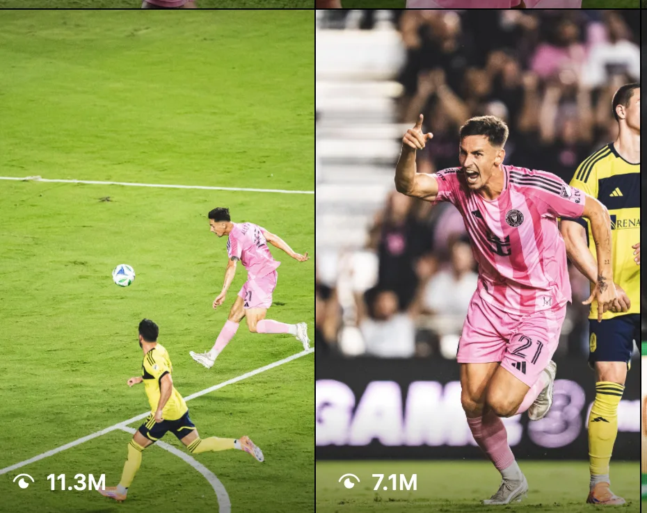 Two vertical clips for social media, cut automatically by Liat.ai: a shot from the edge of the box and the scorer celebrating.
