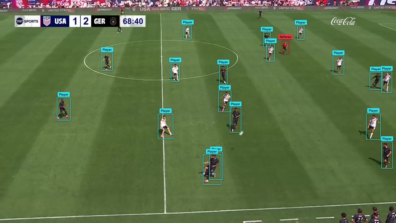 The same match after Liat.ai's computer vision has detected and boxed every player and the referee.